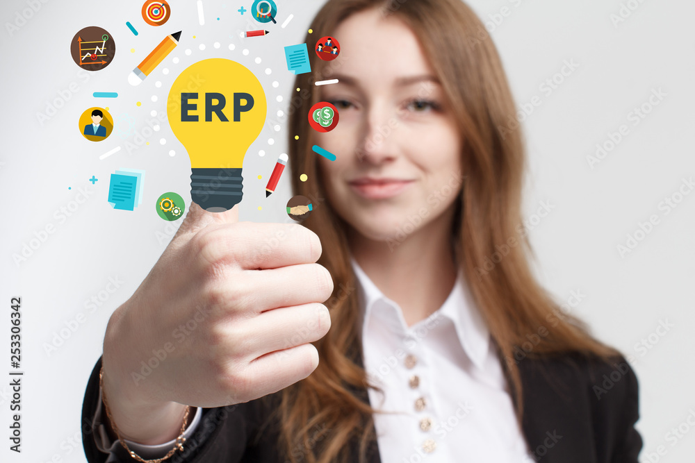 Business, technology, internet and networking concept. Young entrepreneur showing keyword: ERP Business, technology, internet and networking concept. Young entrepreneur showing keyword: ERP