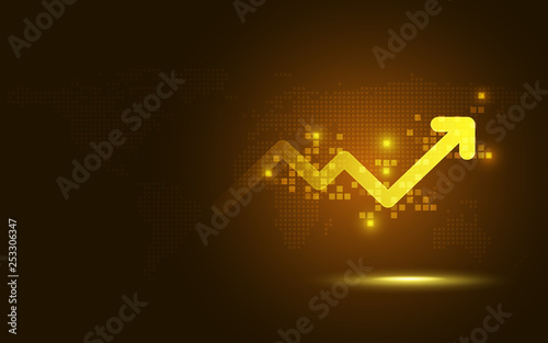 Futuristic gold raise arrow chart digital transformation abstract technology background. Big data and business growth currency stock and investment gold future economy . Vector illustration