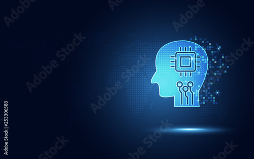 Futuristic blue human digital circuit and microchip in brain as artificial intelligence or AI robotics. digital transformation abstract technology background. Autonomous and internet of things