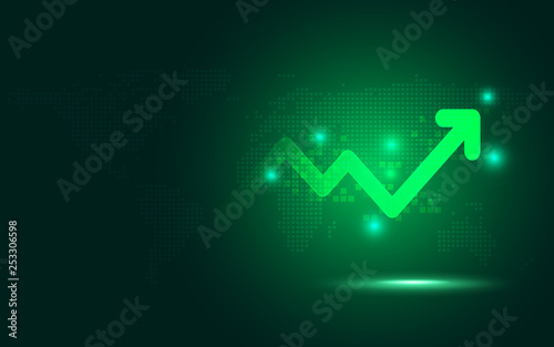 Futuristic green raise arrow chart digital transformation abstract technology background. Big data and business growth currency stock and investment indicator of set trade economy. Vector illustration