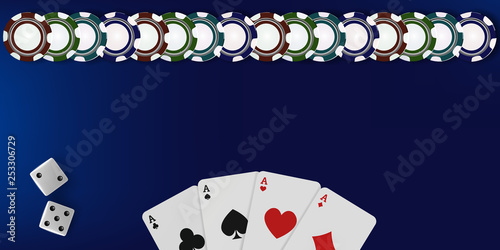 Top view of Casino table background. Poker chips, dice and cards on blue background. Online Vegas casino banner with chips on blue game table and place for text. Gambling 3d vector backdrop concept.