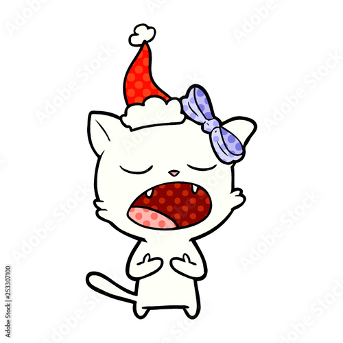 comic book style illustration of a cat meowing wearing santa hat