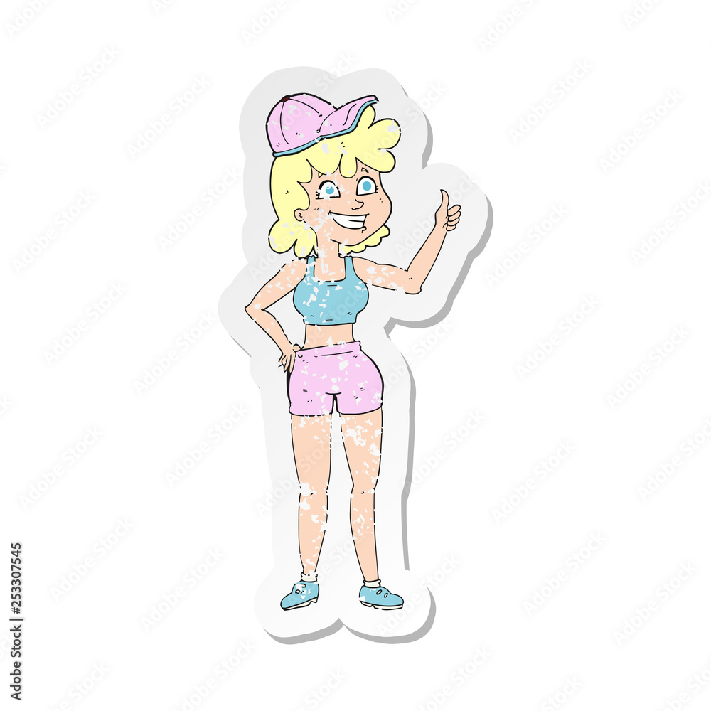 retro distressed sticker of a happy gym woman giving thumbs up symbol retro distressed sticker of a happy gym woman giving thumbs up symbol