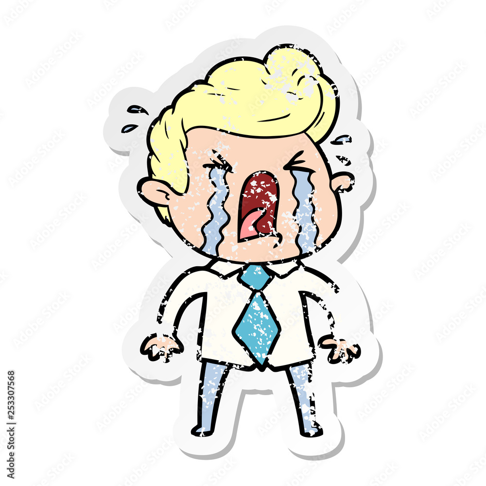 distressed sticker of a cartoon crying man distressed sticker of a cartoon crying man