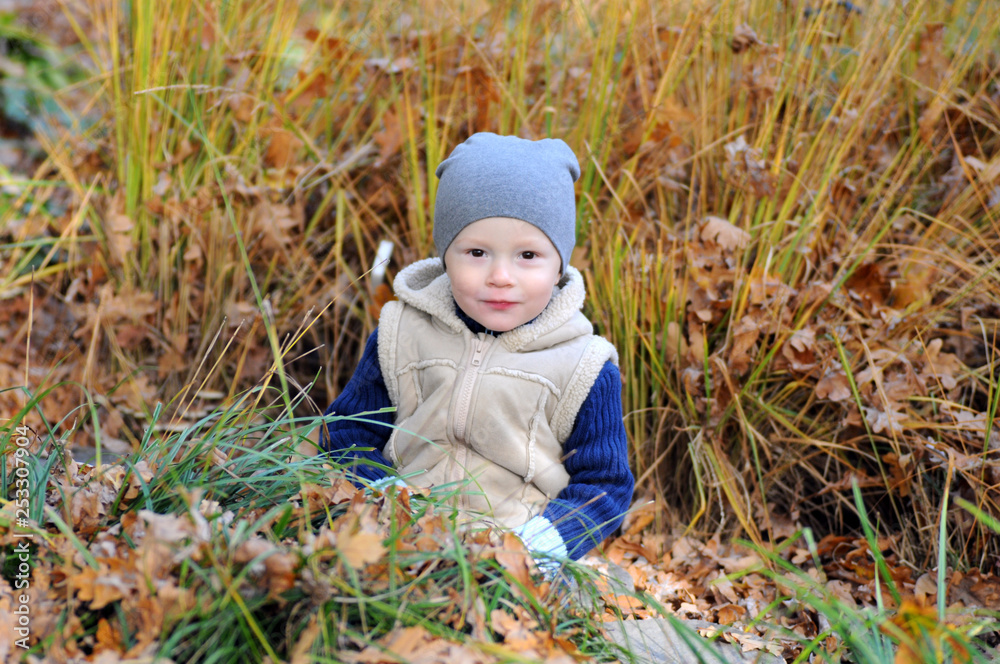 Happy little boy sitting in grass in cap surrounded by fallen leaves. Happy little boy sitting in grass in cap surrounded by fallen leaves.