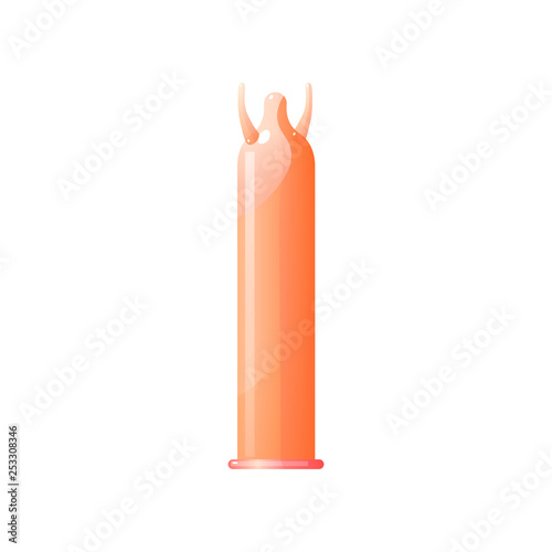 Full sized orange tickler latex condom isolated on white background