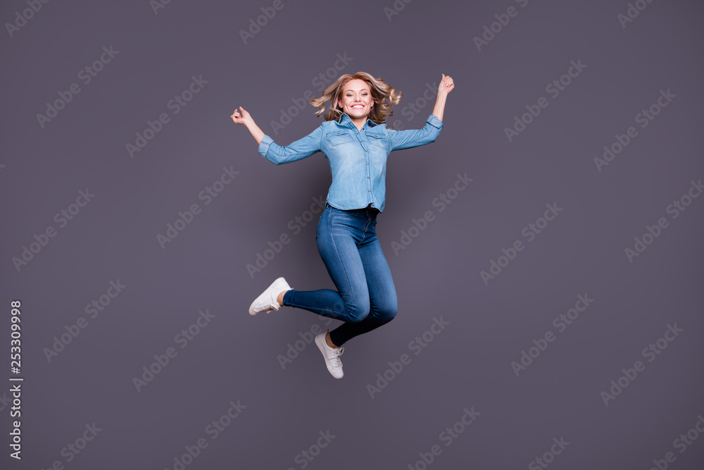 Full length body size view portrait of her she nice charming lovely attractive fascinating cheerful wavy-haired lady having fun isolated over gray purple violet pastel background