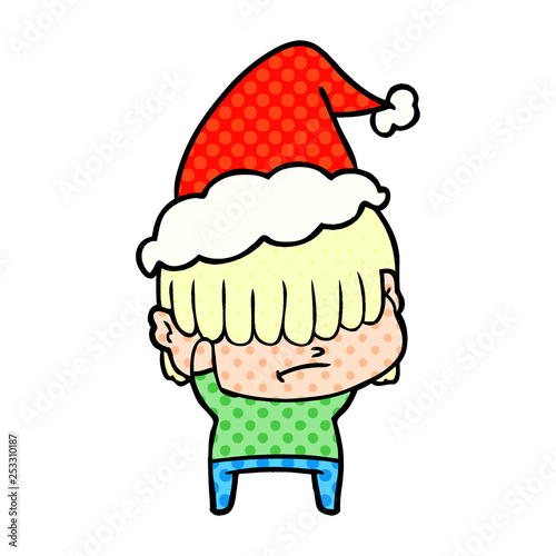 comic book style illustration of a boy with untidy hair wearing santa hat