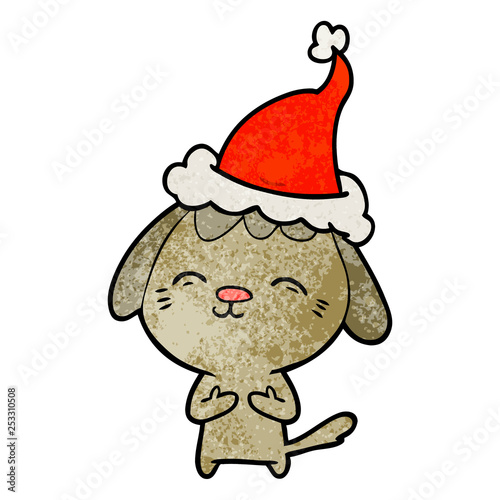 happy textured cartoon of a dog wearing santa hat © lineartestpilot