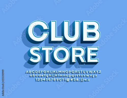 Vector retro emblem Club Store with trendy Font. Stylish 3D Alphabet Letters, Numbers and Symbols.