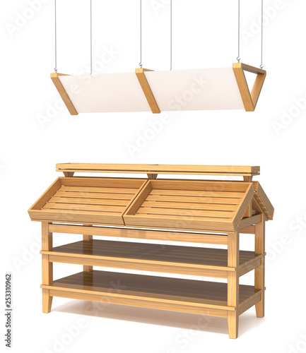 Fototapeta Naklejka Na Ścianę i Meble -  Showcase of wood with topper for vegetables and fruits. Shop equipment. 3d illustration