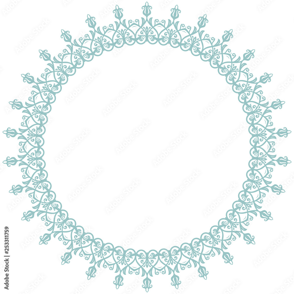 Oriental vector round frame with arabesques and floral elements. Floral border with blue vintage pattern. Greeting card with place for text Oriental vector round frame with arabesques and floral elements. Floral border with blue vintage pattern. Greeting card with place for text
