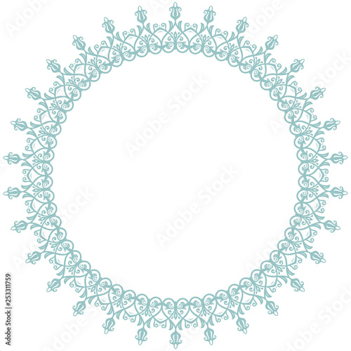 Oriental vector round frame with arabesques and floral elements. Floral border with blue vintage pattern. Greeting card with place for text