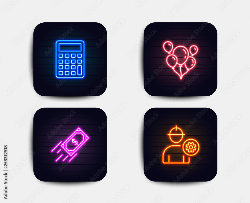 Neon glow lights. Set of Fast payment, Balloons and Calculator icons. Engineer sign. Finance transfer, Air balloons, Accounting device. Worker with cogwheel. Neon icons. Glowing light banners. Vector Neon glow lights. Set of Fast payment, Balloons and Calculator icons. Engineer sign. Finance transfer, Air balloons, Accounting device. Worker with cogwheel. Neon icons. Glowing light banners. Vector