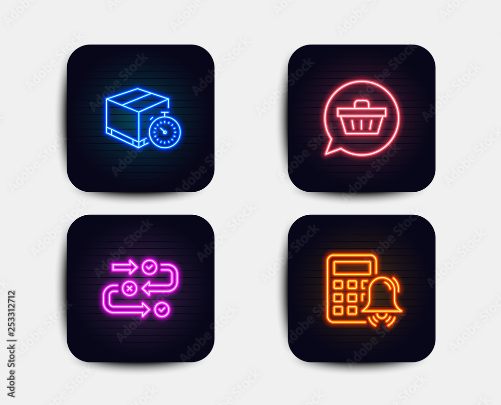 Neon glow lights. Set of Survey progress, Shopping cart and Delivery timer icons. Calculator alarm sign. Algorithm, Dreaming of gift, Express logistics. Accounting.  Neon icons. Glowing light banners