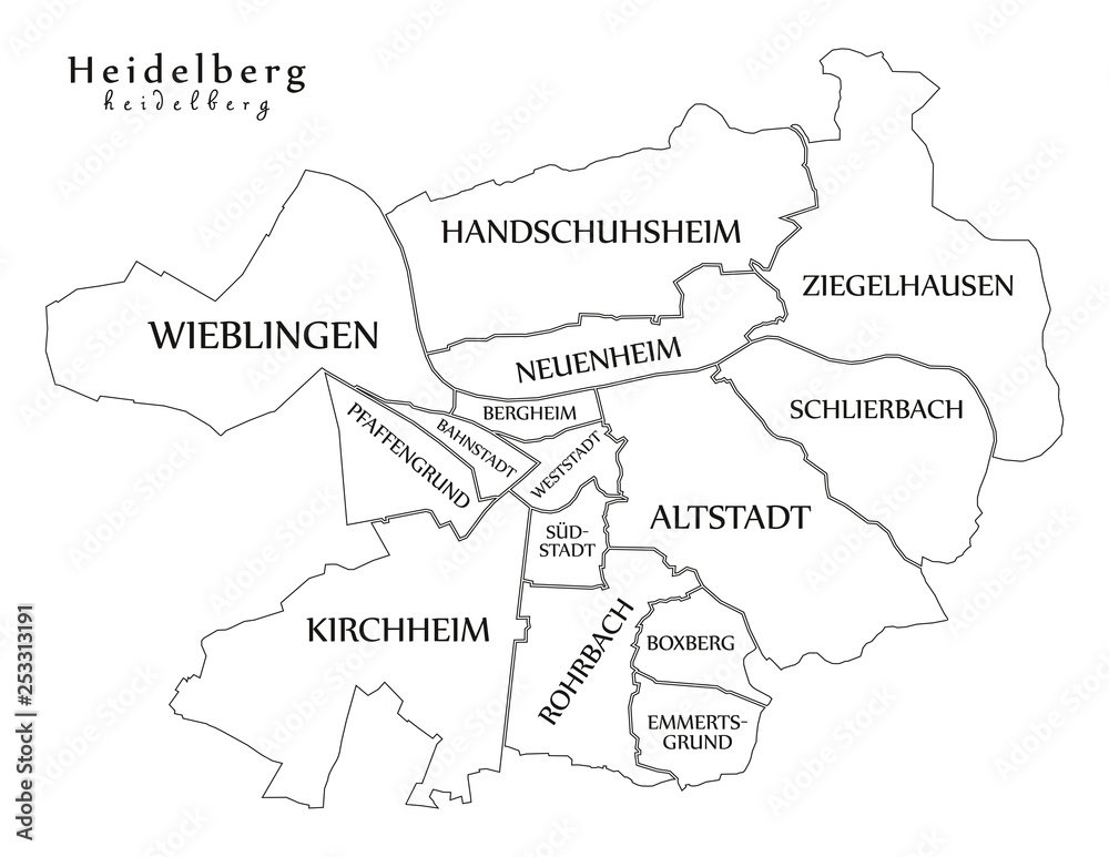 Modern City Map Heidelberg city of Germany with boroughs and titles