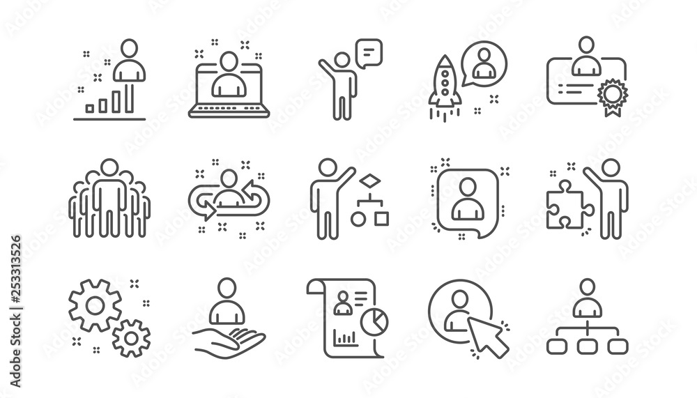 Management line icons. Business people, Algorithm and Group. Startup strategy linear icon set.  Vector