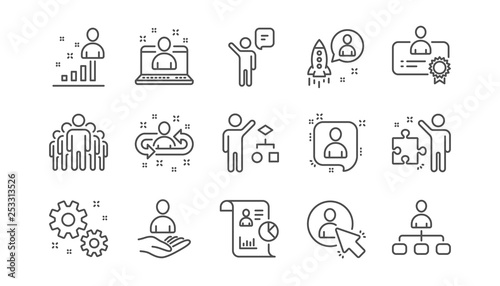 Management line icons. Business people, Algorithm and Group. Startup strategy linear icon set. Vector