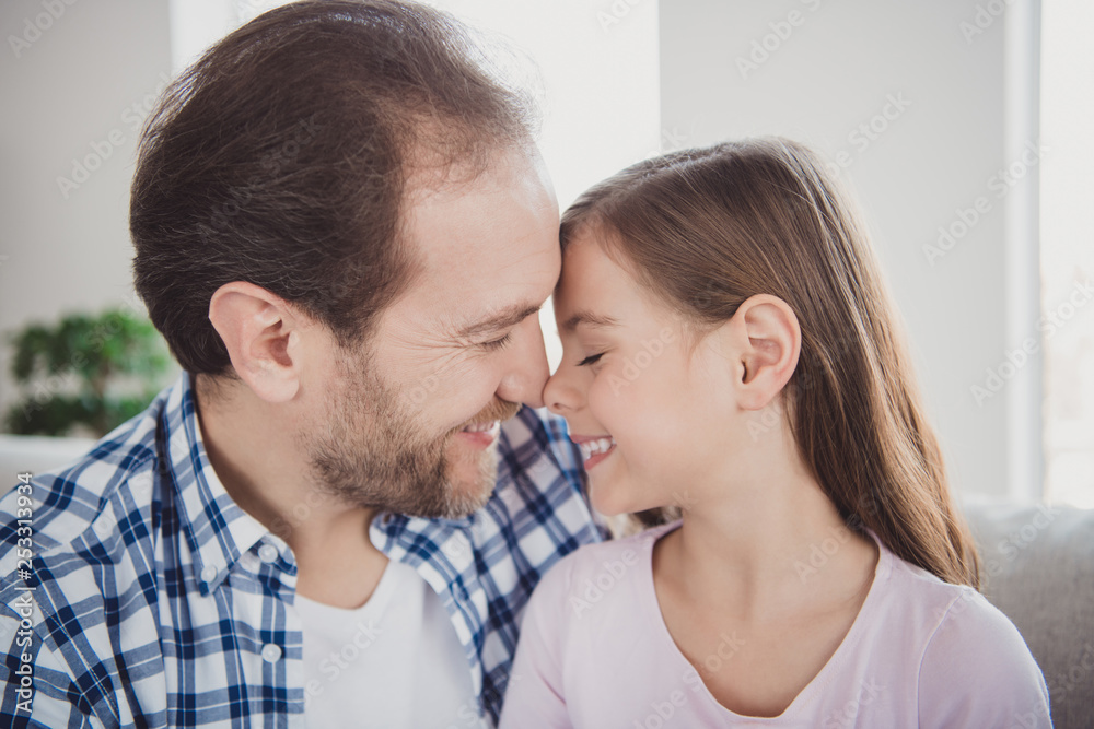 Close-up portrait of his he her she nice-looking cute sweet attractive cheerful pre-teen girl handsome bearded dad daddy trust support tenderness in light white interior room indoors Close-up portrait of his he her she nice-looking cute sweet attractive cheerful pre-teen girl handsome bearded dad daddy trust support tenderness in light white interior room indoors