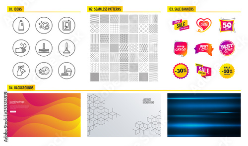 Seamless pattern. Shopping mall banners. Set of Window cleaning, Washing cleanser and Shampoo icons. Dishwasher timer, Rubber gloves and Plunger signs. Vector