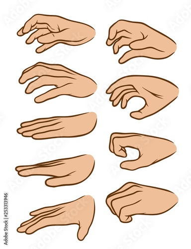 Cartoon graphic white human hands. Showing palm and bent fingers gesture or sign. Isolated on white background. Vector icons set.
