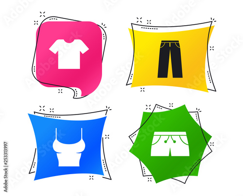 Clothes icons. T-shirt and pants with shorts signs. Swimming trunks symbol. Geometric colorful tags. Banners with flat icons. Trendy design. Vector