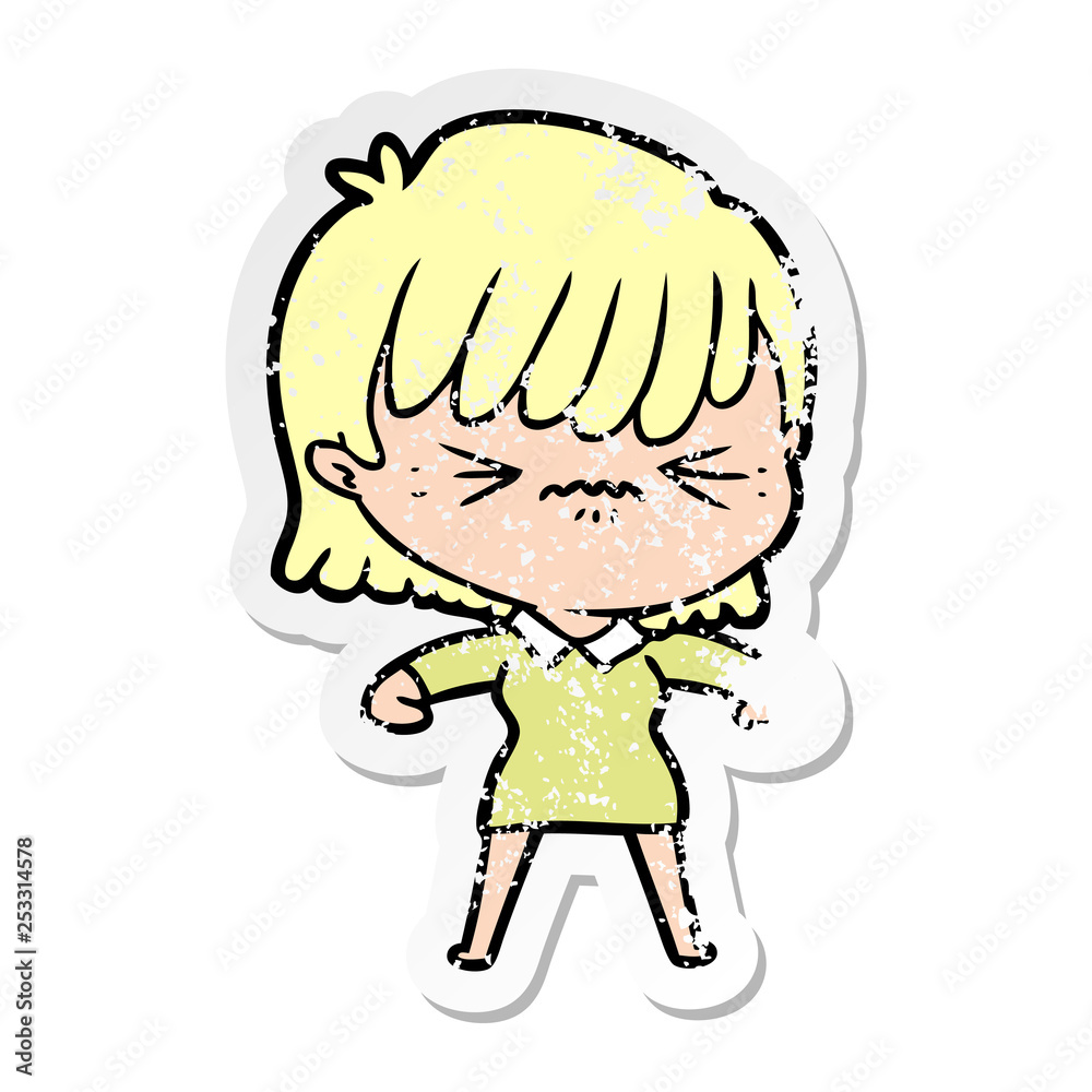 distressed sticker of a annoyed cartoon girl distressed sticker of a annoyed cartoon girl