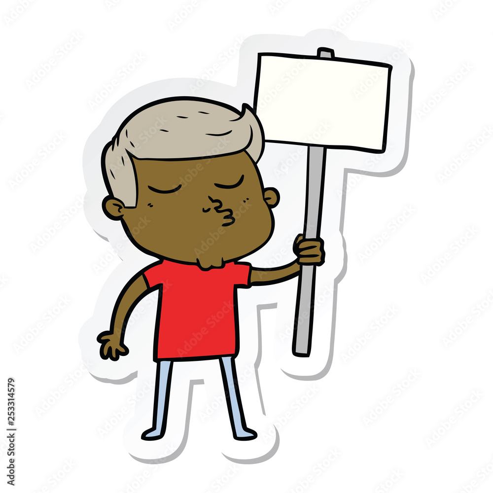 sticker of a cartoon model guy pouting with sign sticker of a cartoon model guy pouting with sign
