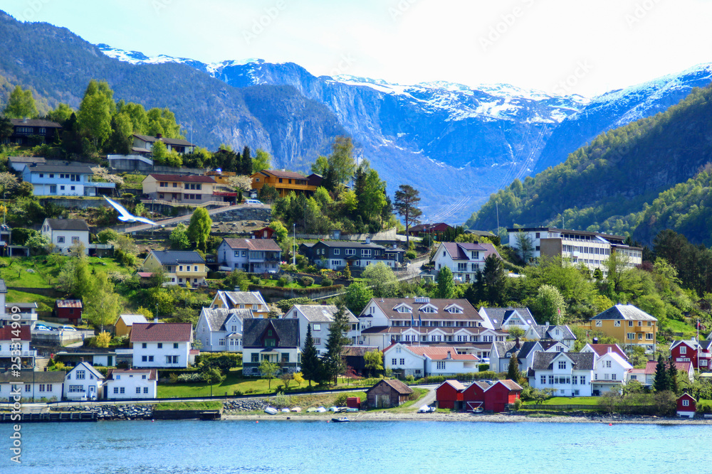 The village of Aurlandsvangen at the coast of the Sogne fjord (Aurlands fjord)