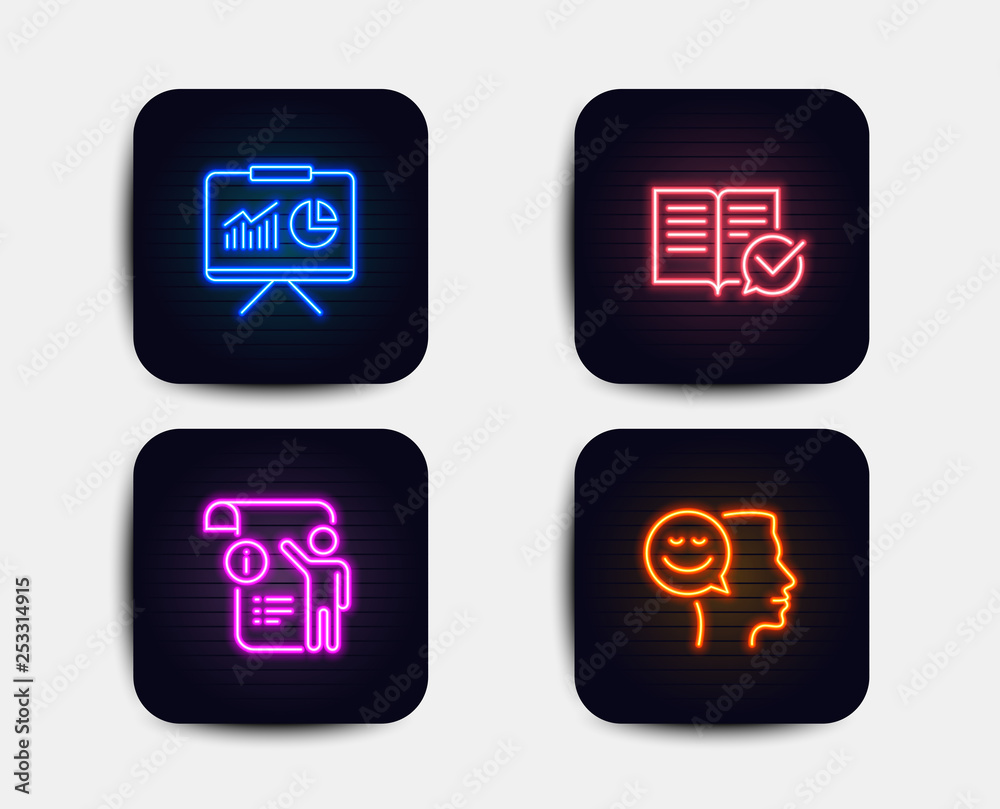Neon glow lights. Set of Manual doc, Presentation and Approved documentation icons. Good mood sign. Project info, Board with charts, Instruction book. Positive thinking. Neon icons. Vector Neon glow lights. Set of Manual doc, Presentation and Approved documentation icons. Good mood sign. Project info, Board with charts, Instruction book. Positive thinking. Neon icons. Vector