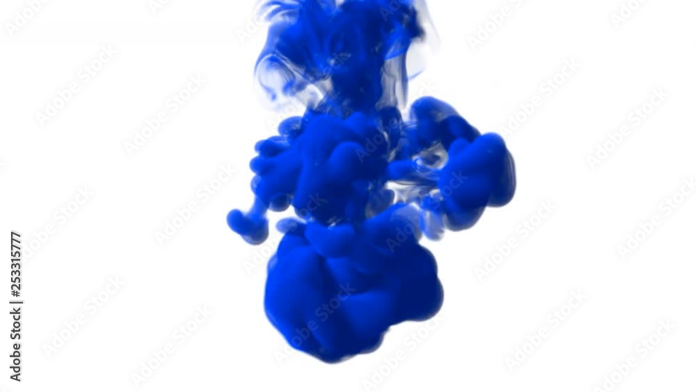 UHD 3D animated 60 fps simulation of the blue ink in a liquid against the white background