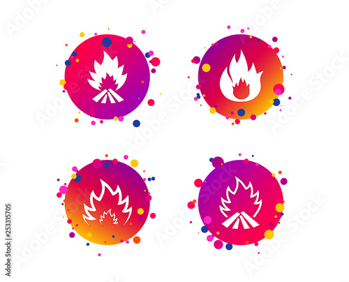 Fire flame icons. Heat symbols. Inflammable signs. Gradient circle buttons with icons. Random dots design. Vector