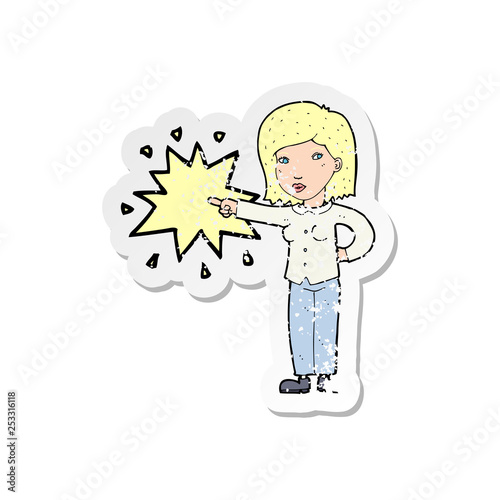 retro distressed sticker of a cartoon woman accusing