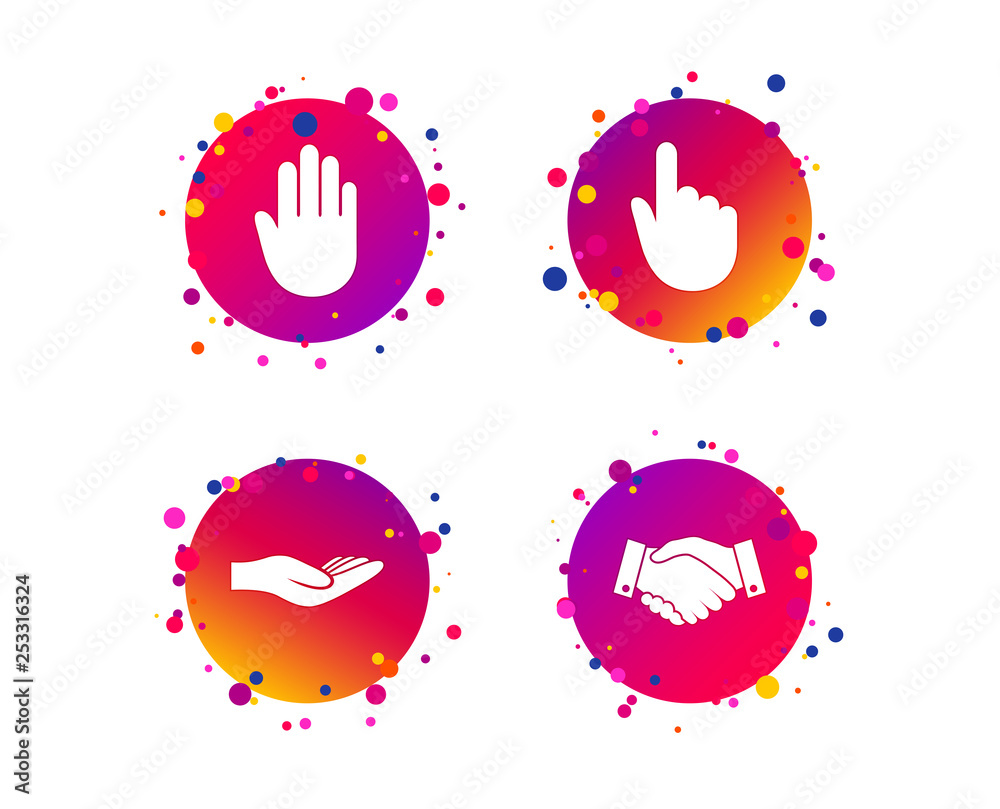 Fototapeta premium Hand icons. Handshake successful business symbol. Click here press sign. Human helping donation hand. Gradient circle buttons with icons. Random dots design. Vector