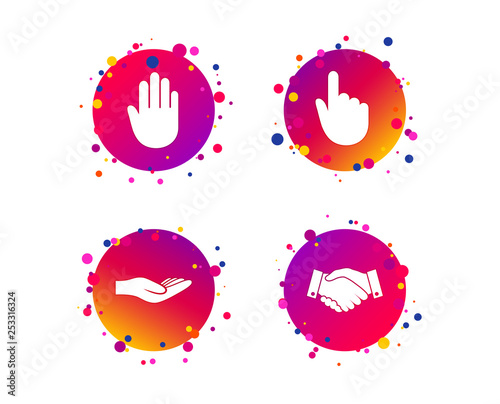 Hand icons. Handshake successful business symbol. Click here press sign. Human helping donation hand. Gradient circle buttons with icons. Random dots design. Vector