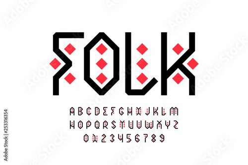 Folk style font design, tribal alphabet, letters and numbers