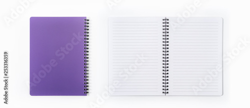 Business concept - Top view collection of spiral kraft notebook front, purple And white open page isolated on background for mockup