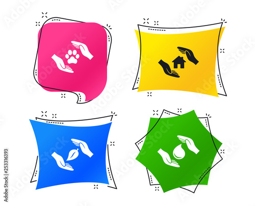 Hands insurance icons. Shelter for pets dogs symbol. Save water drop symbol. House property insurance sign. Geometric colorful tags. Banners with flat icons. Trendy design. Vector