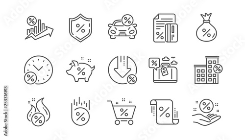 Loan line icons. Investment, Interest rate and Percentage diagram. Car leasing linear icon set.  Vector © blankstock