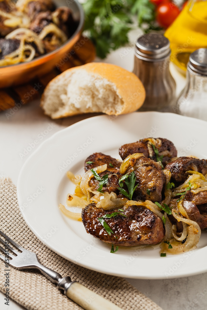 Fried chicken liver with onions. Fried chicken liver with onions.