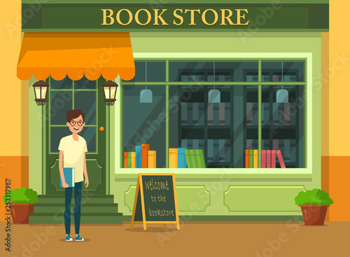 Bookshop showcase with literature and young buyer