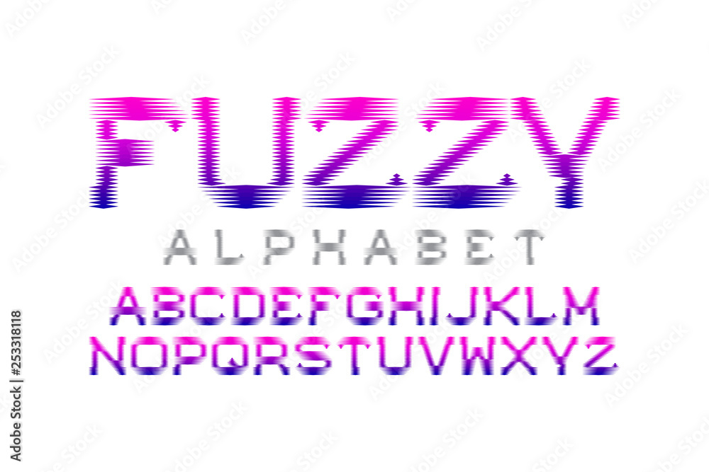 Fuzzy alphabet. Pink blue gradient font. Isolated english alphabet.