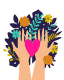 Vector trendy illustration with woman hands isolated with flowers and heart. Cute romantic design for Save the Planet poster, Valentine's day, wedding invitation, greeting card
