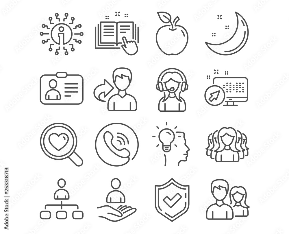 Set of Technical documentation, Management and Idea icons. Id card, Support and Women group signs. Teamwork, Recruitment and Search love symbols. Manual, Agent, Professional job. Vector Set of Technical documentation, Management and Idea icons. Id card, Support and Women group signs. Teamwork, Recruitment and Search love symbols. Manual, Agent, Professional job. Vector