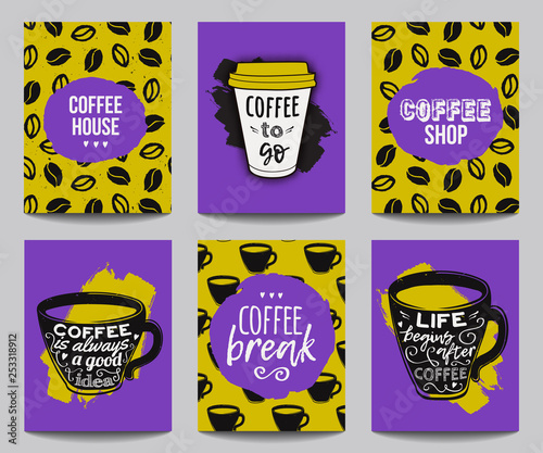 Vector set of modern posters with coffee backgrounds. Trendy hipster templates for flyers, banners, invitations, restaurant or cafe menu design.