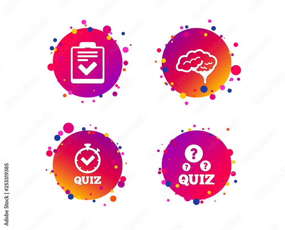 Quiz icons. Human brain think. Checklist and stopwatch timer symbol. Survey poll or questionnaire feedback form sign. Gradient circle buttons with icons. Random dots design. Vector Quiz icons. Human brain think. Checklist and stopwatch timer symbol. Survey poll or questionnaire feedback form sign. Gradient circle buttons with icons. Random dots design. Vector