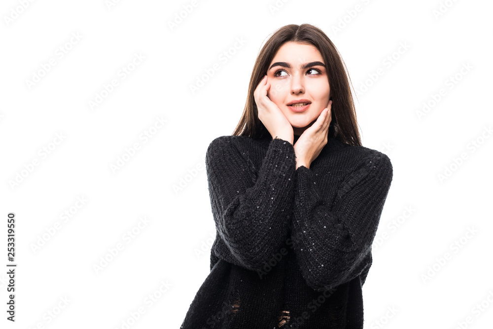 Pleased brunette woman reclines on her hands and looking at the camera isolated over white background Pleased brunette woman reclines on her hands and looking at the camera isolated over white background