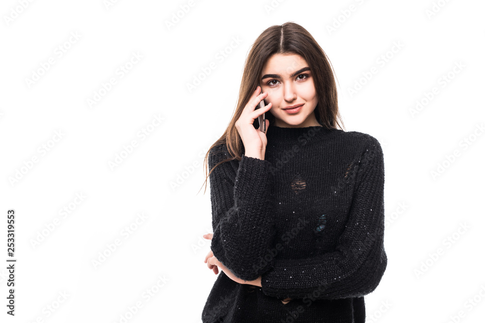 Happy young woman talking on mobile phone on white background Happy young woman talking on mobile phone on white background