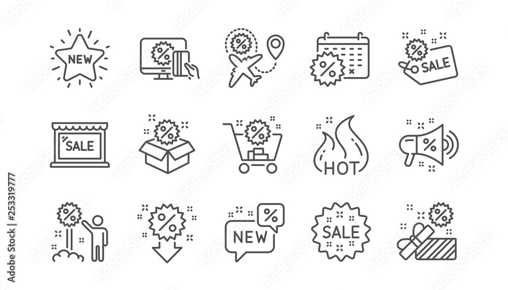 Discount line icons. Shopping, Sale and New. Hot offer linear icon set.  Vector