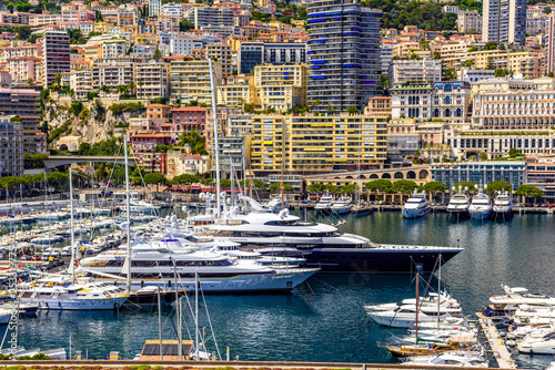 Yachts in bay near houses and hotels, La Condamine, Monte-Carlo, Monaco, Cote d'Azur, French Riviera © Eagle2308